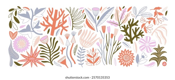 Set of organic minimalistic flower and plant silhouettes. Pastel colored folk doodle meadow flowers, wild plants. Freehand decorative elegant botanical elements. Hand drawn petals, naive branches.