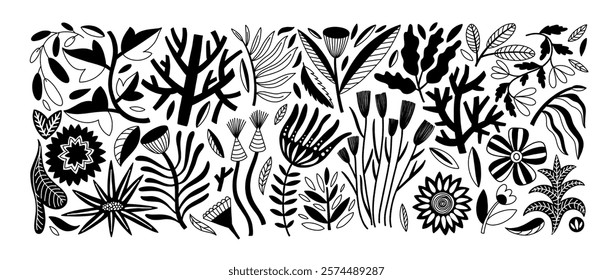 Set of organic minimalistic flower and plant silhouettes. Folk doodle meadow flowers, wild plants. Freehand decorative elegant botanical elements. Hand drawn vector petals, naive branches.