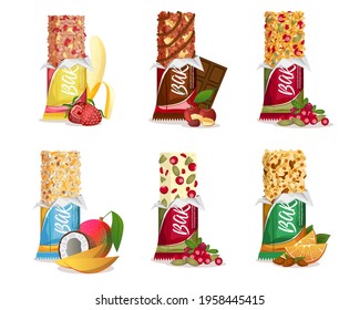 Set of organic muesli bars with various tastes of fruits, berries and nuts. Natural protein for healthy lifestyle. Orange, cranberry, strawberry, cherry, mango and banana flavours. Vector illustration