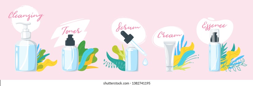 Set of organic natural cosmetic products in bottles. Items for base daily care for healthy skin - cleansing, toner, cream. Vector illustration isolated on pink background. Floral leaves decorations.