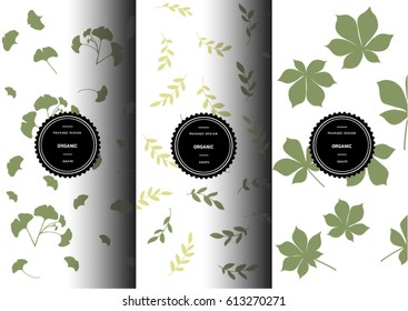 Set of organic patterns for background and stickers with logos. Ginko Leaf. Chestnut Leaf. Branch. Vector packaging design elements and templates.