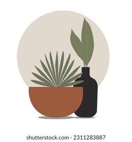 Set of organic plants. Plants, cactus, leaf, vase, pottery in white background. Contemporary aesthetic vector element for logo, decoration, print, cover, wallpaper.