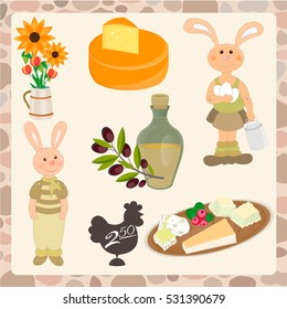 Set of organic products, rabbit with eggs and a can of milk, farmer rabbit, different kinds of cheese and olive oil.