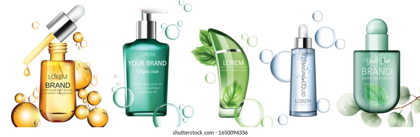 Set of organic products in transparent bottles. Serum, green tea, shower gel, cleansing liquid. Product placement. Label design package. Vector