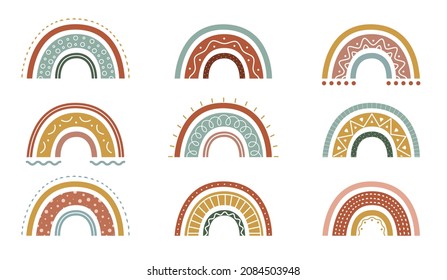 Conjunto de arcos orgánicos. Patrón lindo en arco al estilo boho. Diseño escandinavo para la impresión de bebés. Ilustración vectorial en estilo doodle dibujado a mano aislado en fondo blanco.