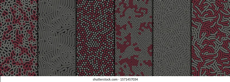 Set of organic seamless patterns with rounded lines, drips. Diffusion reaction background. Linear design with bionic shapes. Structure of natural cells, maze, coral. Abstract vector illustration.