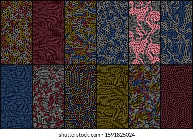 Set of organic seamless patterns with rounded lines, drips. Diffusion reaction background. Linear design with biological shapes. Structure of natural cells, maze, coral. Abstract vector illustration.