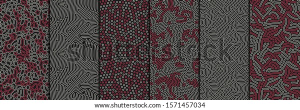 Set of organic seamless patterns with
rounded lines, drips. Diffusion reaction background. Linear design
with bionic shapes. Structure of natural cells, maze, coral.
Abstract vector
illustration.