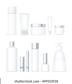 Set of organic series cosmetic. Lotion, creams, soap, tonic. Empty plastic tube for cosmetics. Product for body, face and skin care, beauty health freshness youth hygiene Realistic vector illustration