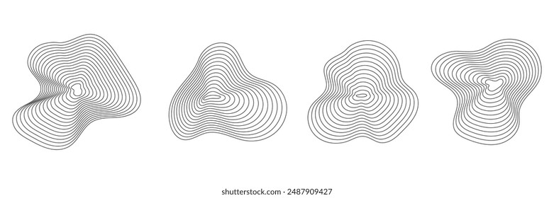 Conjunto de textura concéntrica circular de ondulación de forma orgánica, anillo de línea de árbol de madera anual. Ilustración vectorial.