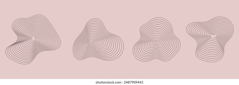 Set of Organic shape ripple circular concentric texture, annual wood tree line ring. Vector Illustration.