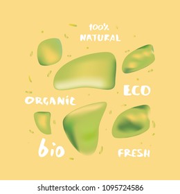 Set of organic shapes with text. Handwritten lettering 100% Natural, Eco, Bio, Fresh, Organic. Element for graphic design - emblem, poster, flyer, tag, menu. Vector illustration.