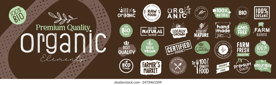 Set of organic signs and stickers. Vector illustrations for graphic and web design, marketing, social media and business presentation. 