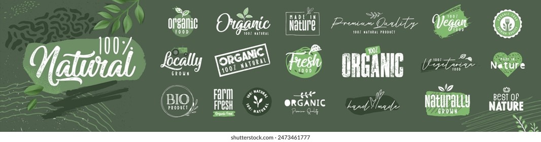 Set of organic signs and stickers. Vector illustrations for graphic and web design, marketing, social media and business presentation. 