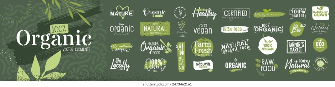 Set of organic signs and stickers. Vector illustrations for graphic and web design, marketing, social media and business presentation. 