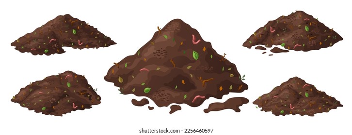 Set of Organic soil heap for compost, garden recycling natural garbage. Earth worms and biodegradable trash. Vector illustration.