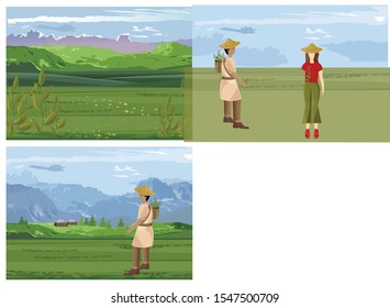 Set of organic tea harvesting process with asian people. Green fields, mountains, healthy beverage with pumpkins, lime and berries. Vector
