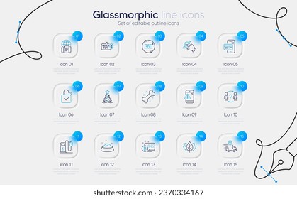 Set of Organic tested, Dog feeding and Charging station line icons for web app. Delegate question, Internet documents, Dog bone icons. Christmas tree, Bitcoin system, Touchscreen gesture signs. Vector