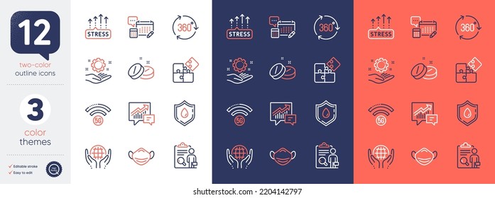 Set Of Organic Tested, Medical Tablet And Accounting Line Icons. Include Inspect, Medical Mask, 360 Degree Icons. Blood Donation, Account, Stress Grows Web Elements. 5g Wifi. Vector