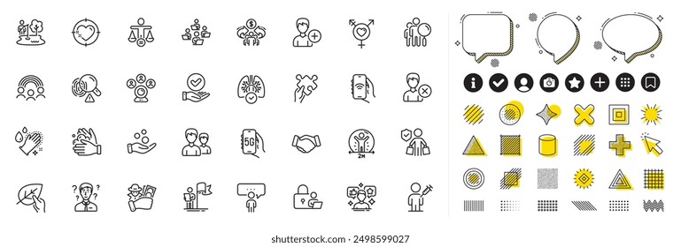 Set of Organic tested, People vaccination and Couple line icons for web app. Design elements, Social media icons. Fingerprint, Social distance, Approved checkbox icons. Vector