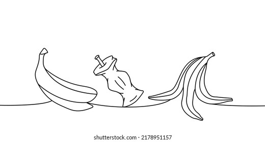 Set of organic trash one line continuous drawing. Peel of banana, apple stub continuous one line set illustration.