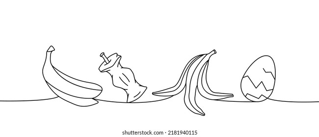 Set of organic trash one line continuous drawing. Peel of banana, apple stub, egg shell continuous one line set illustration.