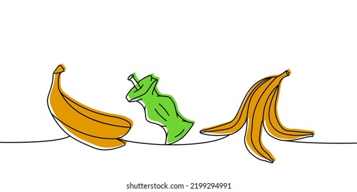 Satz organischer Abfall eine Linie farbige kontinuierliche Zeichnung. Schale von Banane, Apfelstub durchgehend eine Linie bunte Set-Illustration.