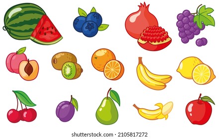 Set of organic tropical fruit. Fresh vegan kitchen. Hand drawn apple, lemon, orange, strawberry, pineapple, watermelon, dragon fruit, cherry and banana