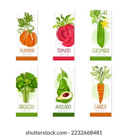 Set of organic vegetable juice labels. Pumpkin, tomato, cucumber, broccoli, avocado, carrot badges vector illustration