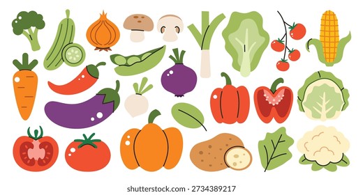 Set of organic vegetables in flat style. Pumpkin, cabbage, peas, carrot, tomato, mushroom. Healthy food, vegan, and clean eat concept.