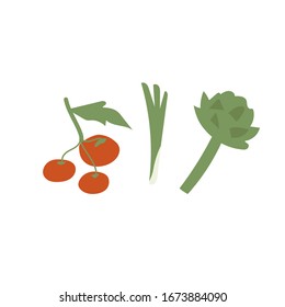 Set of organic vegetables. Healthy eating. Tomatoes on a branch, leek onions and artichoke. Good harvest in your garden