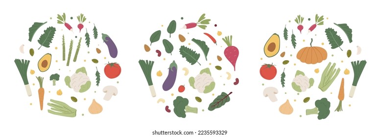 Set of organic vegetables in round circles. Collection of fresh local farm veggies. Healthy vegetarian food poster template. Seasonal vegan menu, cooking ingredients. Flat style vector illustration.