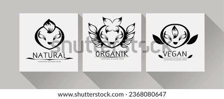 Set of organic vegetarian character logos, bio food symbols. Collection logos for healthy food in anime style. Vector illustration.