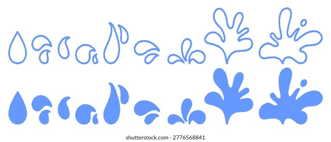 Set of organic water splash and drop icons for liquid branding projects. Creative hand drawn style set for modern designs featuring clean lines and edgy urban street art style elements.