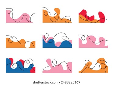 Set of organic wavy corner shapes in flat cartoon design. A collection of retro style flat illustrations showing a variety of wavy spots and lines. Vector illustration.