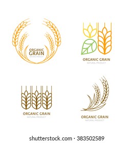 Set of organic wheat grain outline icons. Vector logo design elements. Cereals linear illustration. Concept for organic products label, harvest and farming, grain, bakery, healthy food.