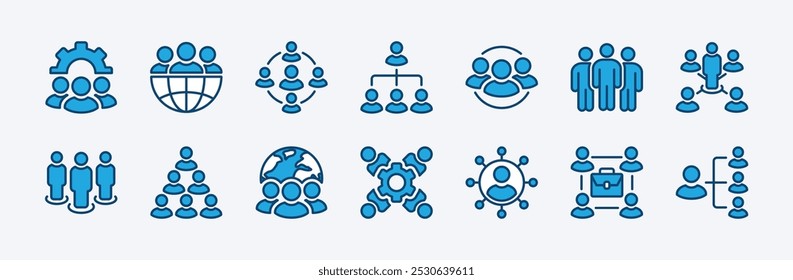 Conjunto de vetores de ícone de gerenciamento de organização ou organização. Contendo trabalho em equipe, pessoas de grupo, gráfico de hierarquia, empresa, departamento, conexão, equipe, corporativo, escritório. ilustração