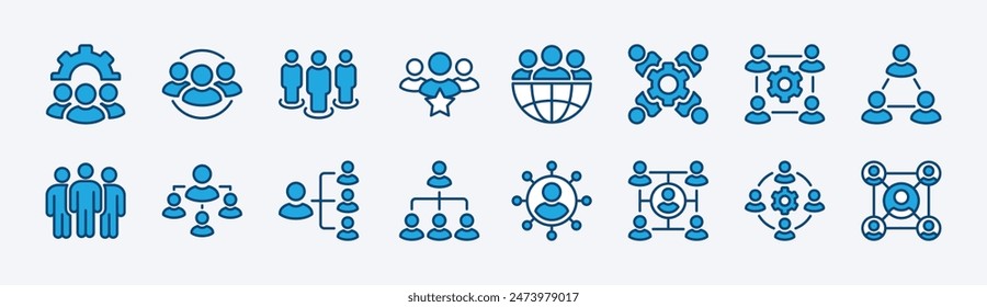 Set of organization icon. Containing people group, hierarchy, structure, company, leadership, teamwork, networking, business, team, collaboration, community, connection. Vector illustration