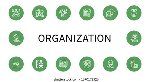 Conjunto de iconos de organización. Como Grupo, Equipo, Administración de Tiempo, Carpeta, Recursos Humanos, Competencias, Supervisor, Estadísticas, Coordinador, Director, Cazado de Cabeceras, iconos de organización