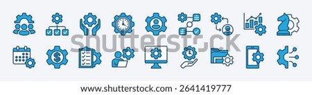 Set of organization management icon vector. Contains manage time, employee structure hierarchy, workflow, clipboard task checklist, schedule, plan, strategy, finance, device development, gear