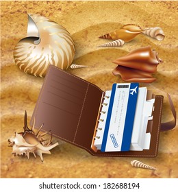 Set of organizer with a flight ticket and sea-shells, isolated on sand background