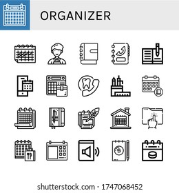Set of organizer icons. Such as Calendar, Planner, Notebook, Phone book, Appointment, Pencil case, Schedule, Notes, Directory, Audio book, Note , organizer icons