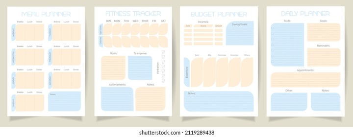 A set of organizer planners. Fitness tracker, meal planner, daily planner, budget planner. A4 printable templates.