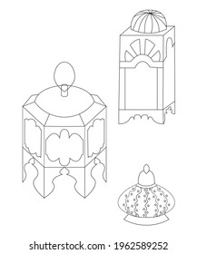 Set of oriental arabic lanterns in doodle style. Vector stock illustration.