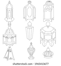 Set of oriental arabic lanterns in doodle style. Vector stock illustration.