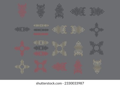 Set of oriental arabic scandinawian damask vintage baroque scroll ornament swirl. Victorian monogram heraldic shield swirl. Retro floral leaf pattern border foliage antique  acanthus calligraphy engra