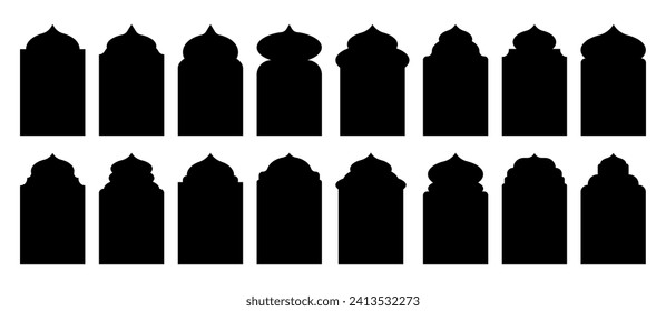 Set of oriental arches. Islamic icons of windows and doors. Silhouettes of traditional oriental design patterns. Vector illustration.