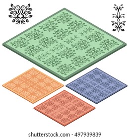 Set Oriental carpets. Orange, brown, blue, green icon. 3D isometric view. Vector illustration.