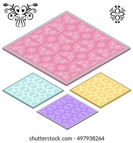 Set Oriental carpets. Pink, purple, yellow and turquoise icon. 3D isometric view. Vector illustration.