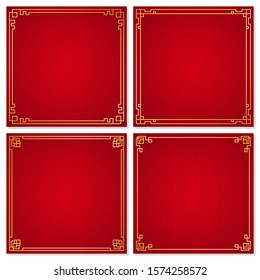 Set of oriental chinese border ornament on red background, vector illustration